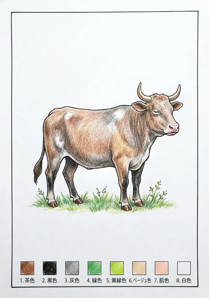 ウシの塗り絵 完成見本（彩色の見本）
