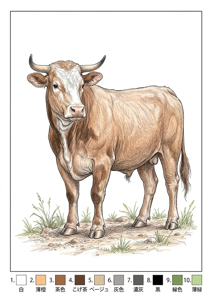 ウシの塗り絵 完成見本（彩色の見本）