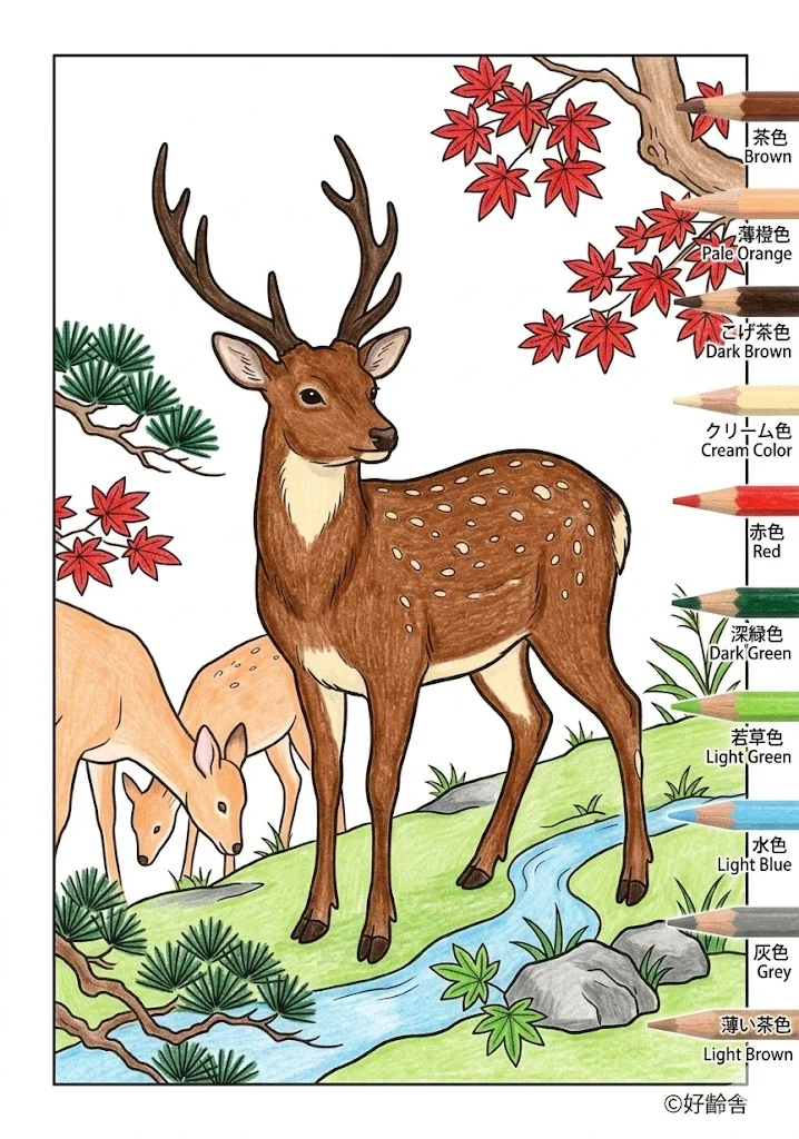 鹿の塗り絵 完成見本（彩色の見本）