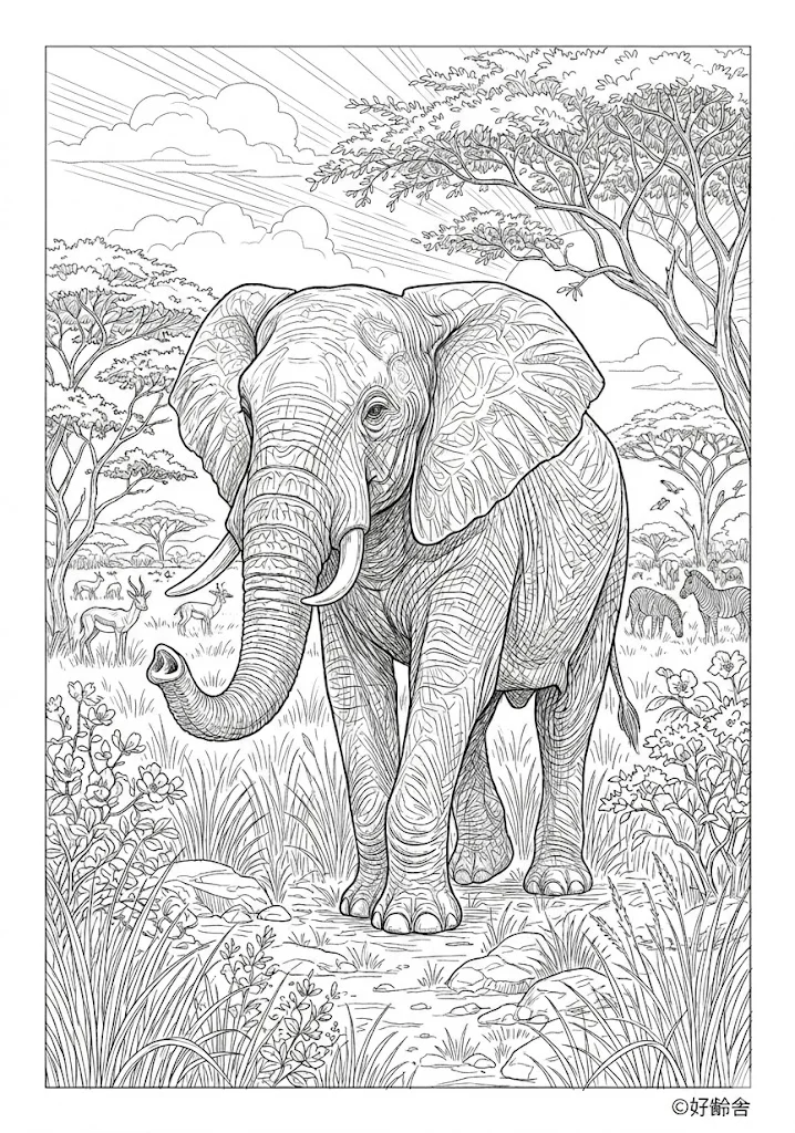 高齢者向け無料塗り絵：ゾウ（芸術家・A4印刷用）