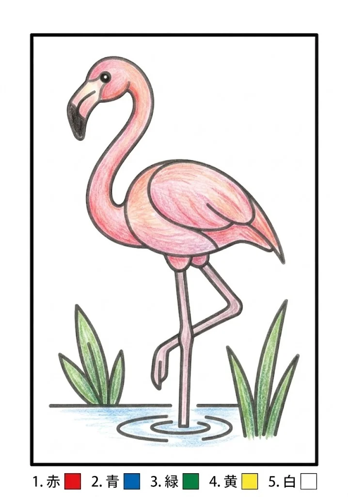 フラミンゴの塗り絵 完成見本（彩色の見本）