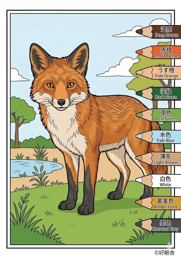 キツネの塗り絵 完成見本（彩色の見本）