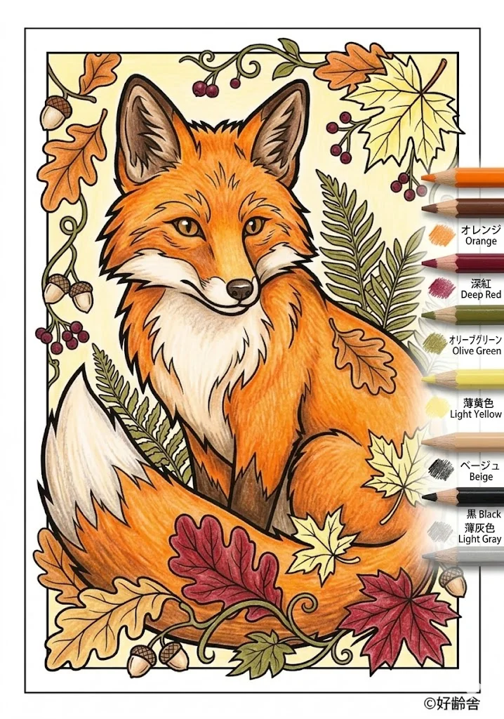 キツネの塗り絵 完成見本（彩色の見本）