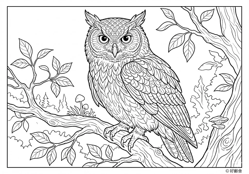 高齢者向け無料塗り絵：夜の森のフクロウ（中級・A4印刷用）
