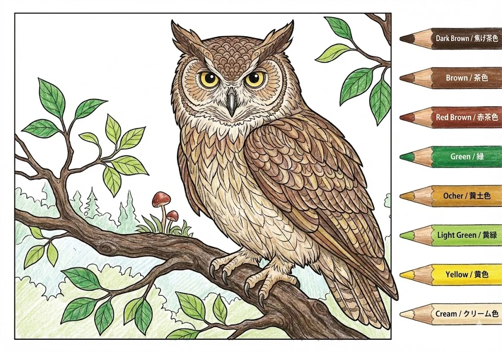 フクロウの塗り絵 完成見本（彩色の見本）