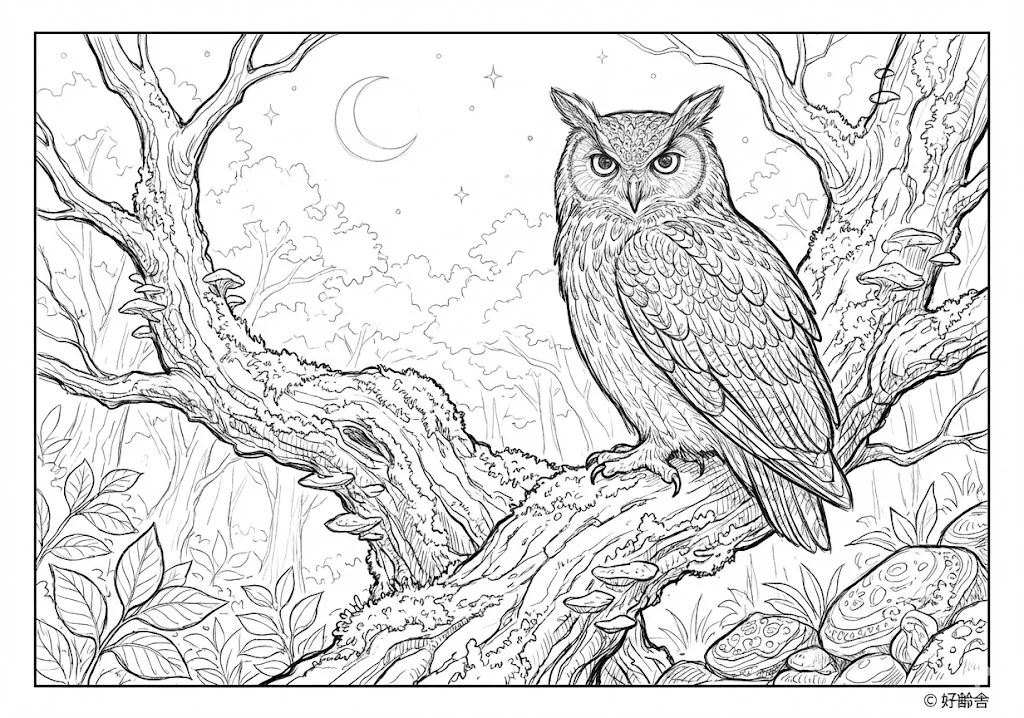 高齢者向け無料塗り絵：羽の模様が美しいフクロウ（上級・A4印刷用）