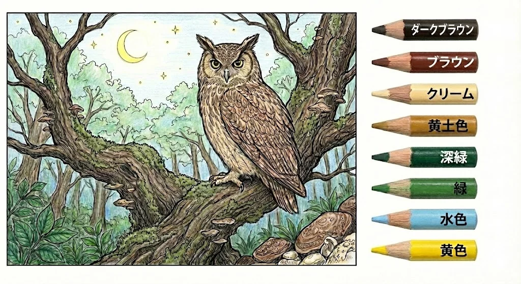 フクロウの塗り絵 完成見本（彩色の見本）