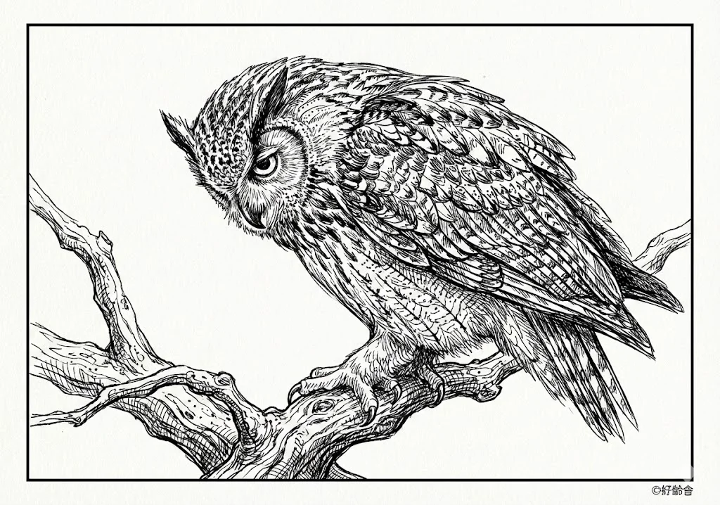 高齢者向け無料塗り絵：緻密な羽のフクロウ（芸術家・A4印刷用）