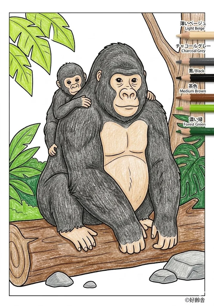 ゴリラの塗り絵 完成見本（彩色の見本）