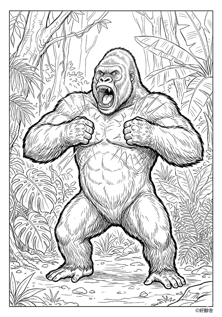高齢者向け無料塗り絵：緻密に描かれたゴリラ（芸術家・A4印刷用）