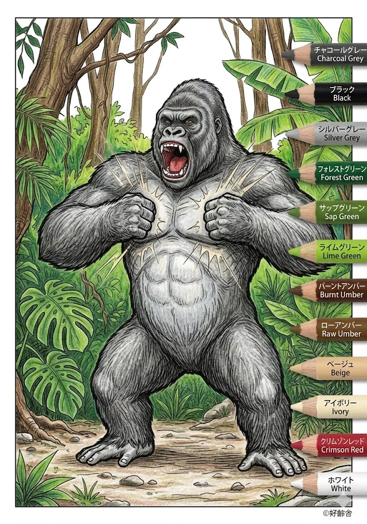 ゴリラの塗り絵 完成見本（彩色の見本）