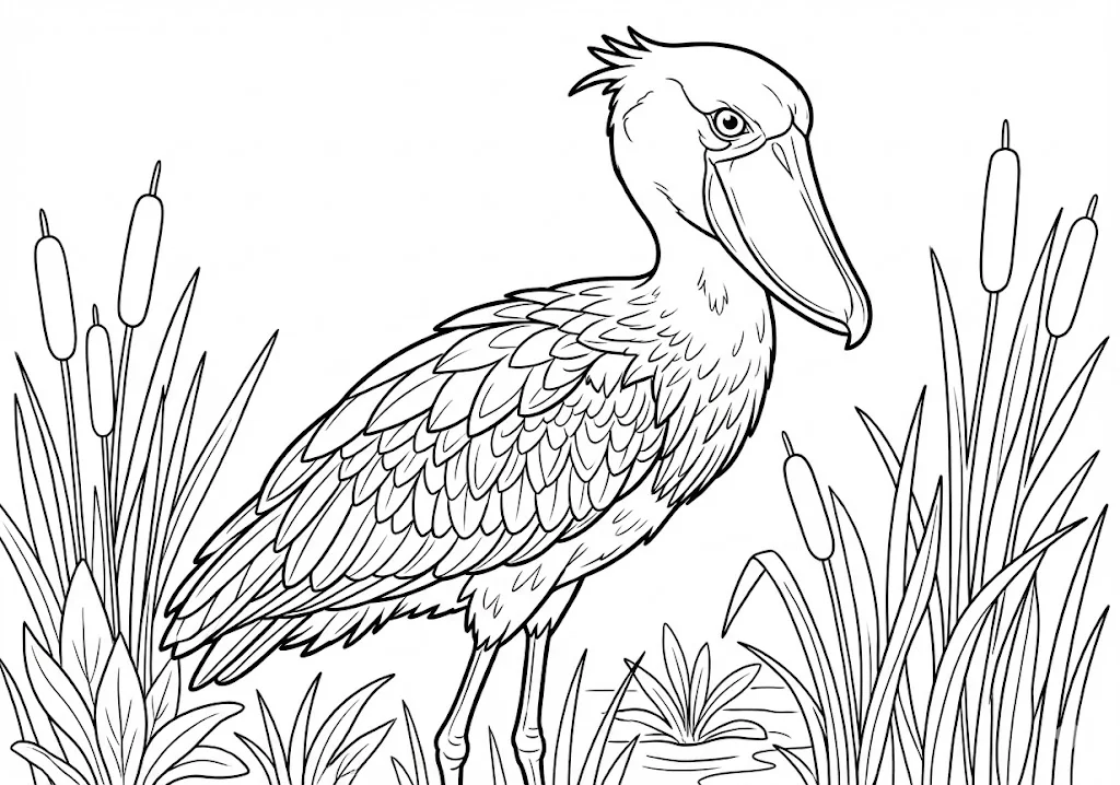 高齢者向け無料塗り絵：水辺のハシビロコウ（中級・A4印刷用）