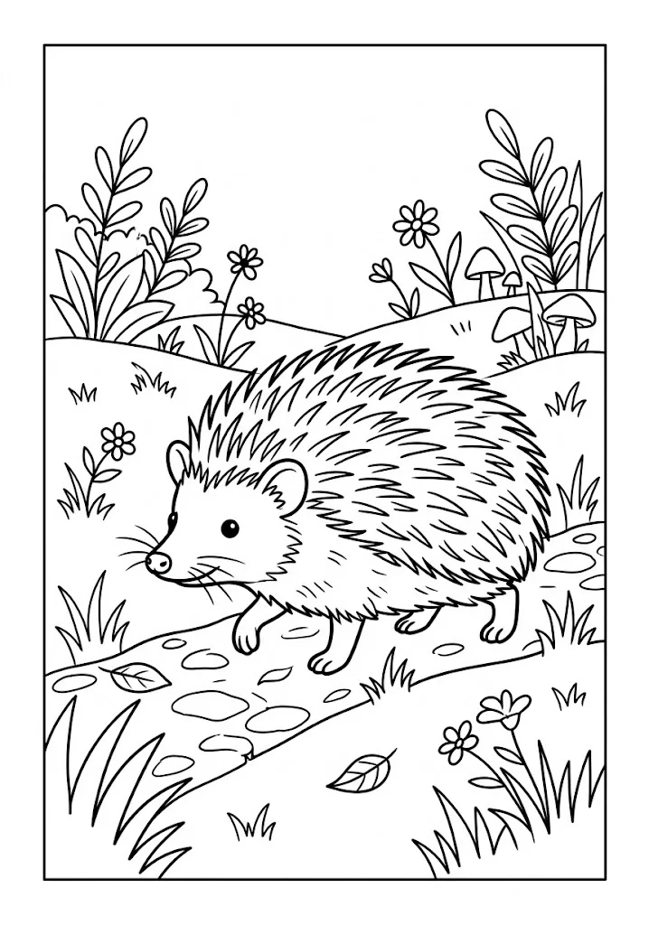 高齢者向け無料塗り絵：ハリネズミ（中級・A4印刷用）