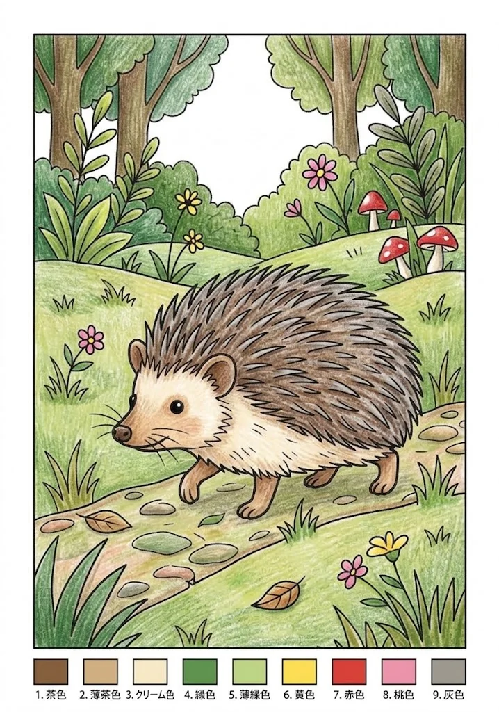 ハリネズミの塗り絵 完成見本（彩色の見本）