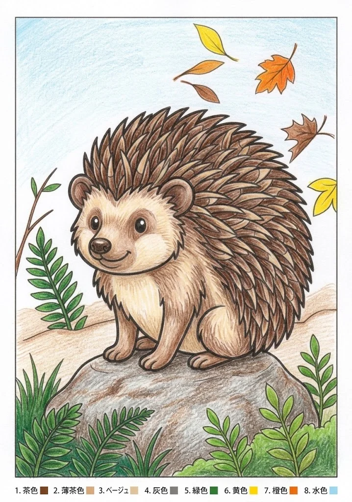 ハリネズミの塗り絵 完成見本（彩色の見本）