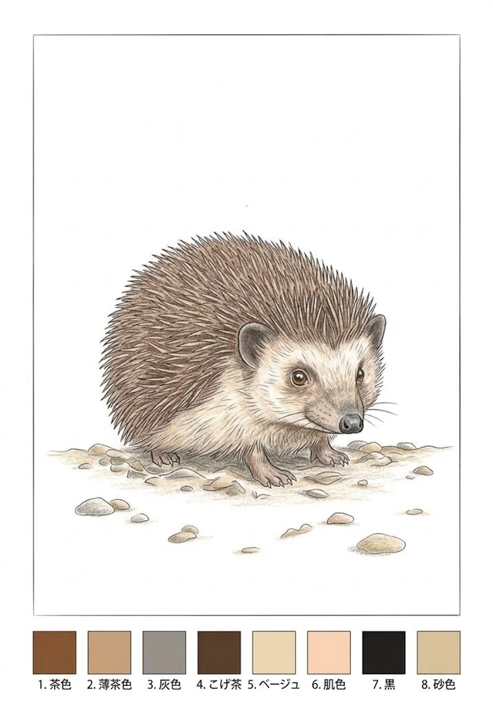 ハリネズミの塗り絵 完成見本（彩色の見本）