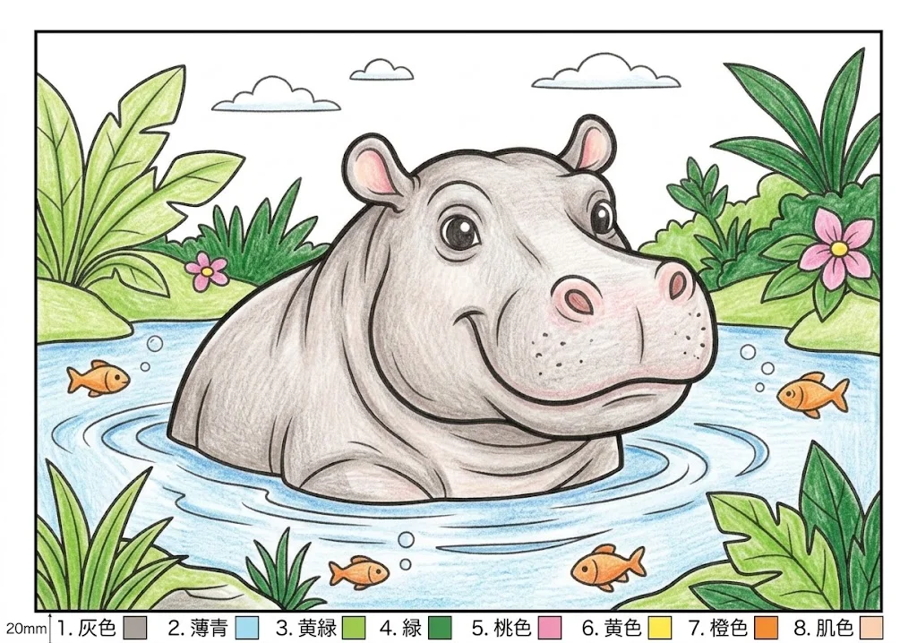 カバの塗り絵 完成見本（彩色の見本）