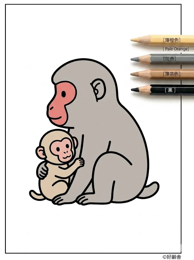 ニホンザルの塗り絵 完成見本（彩色の見本）