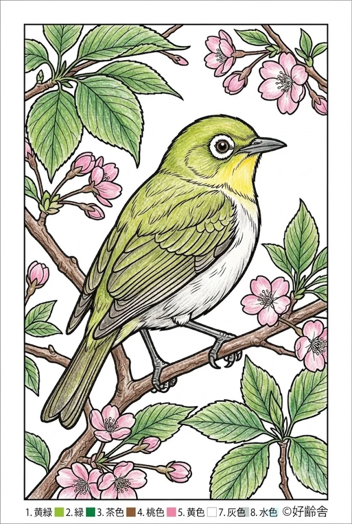 メジロの塗り絵 完成見本（彩色の見本）