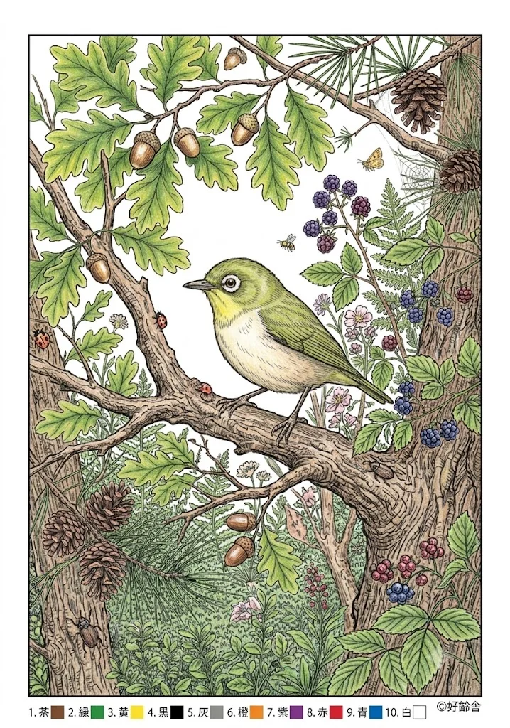 メジロの塗り絵 完成見本（彩色の見本）