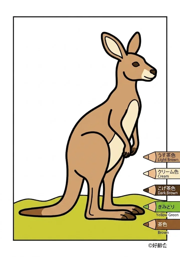 カンガルーの塗り絵 完成見本（彩色の見本）