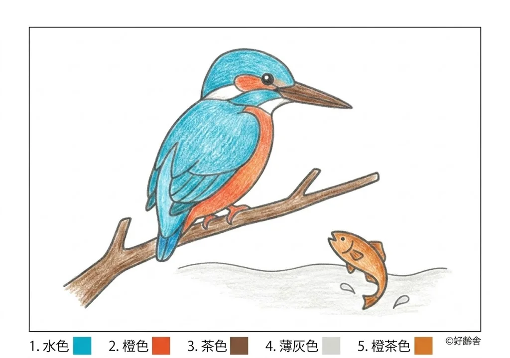 カワセミの塗り絵 完成見本（彩色の見本）