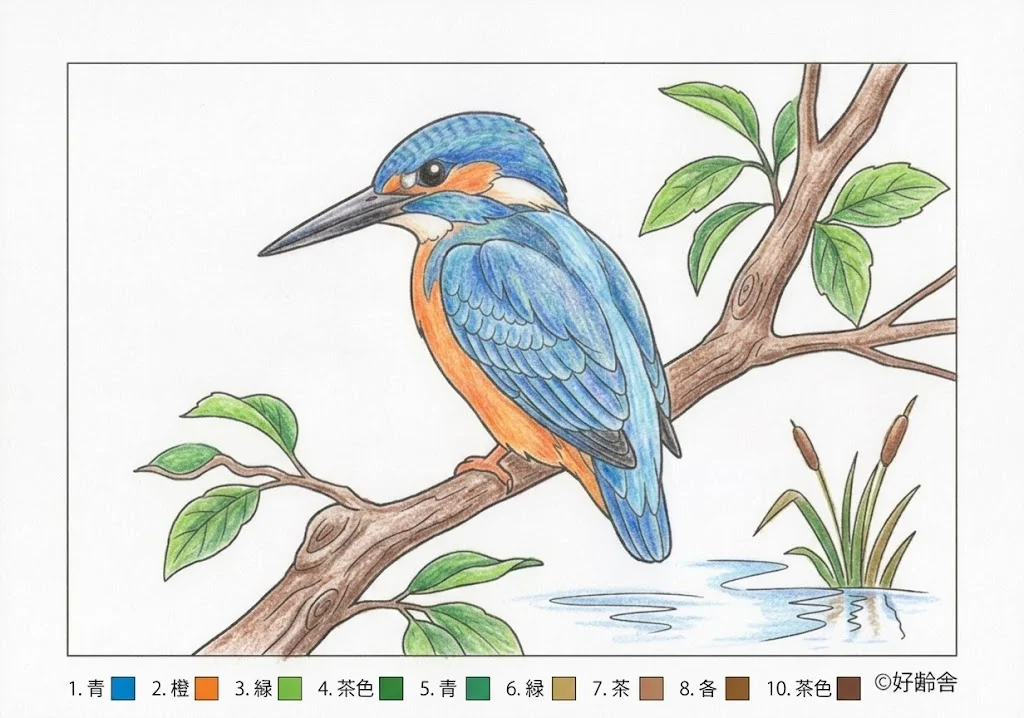 カワセミの塗り絵 完成見本（彩色の見本）