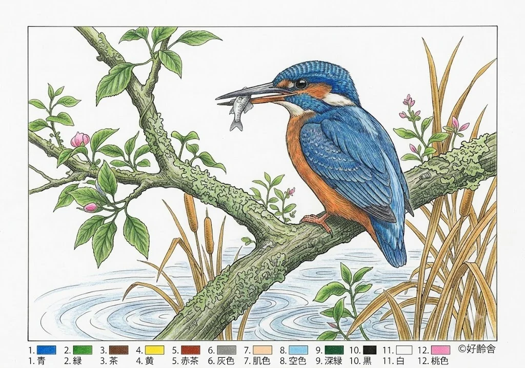 カワセミの塗り絵 完成見本（彩色の見本）