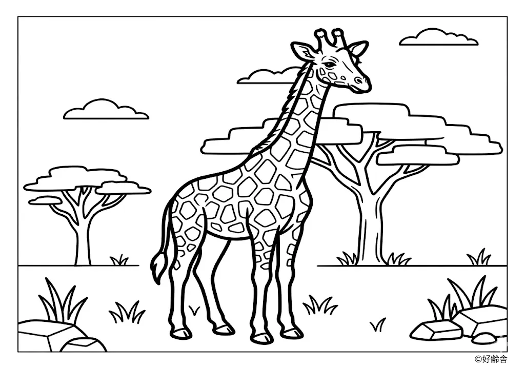 高齢者向け無料塗り絵：首の長いキリンの親子（中級・A4印刷用）