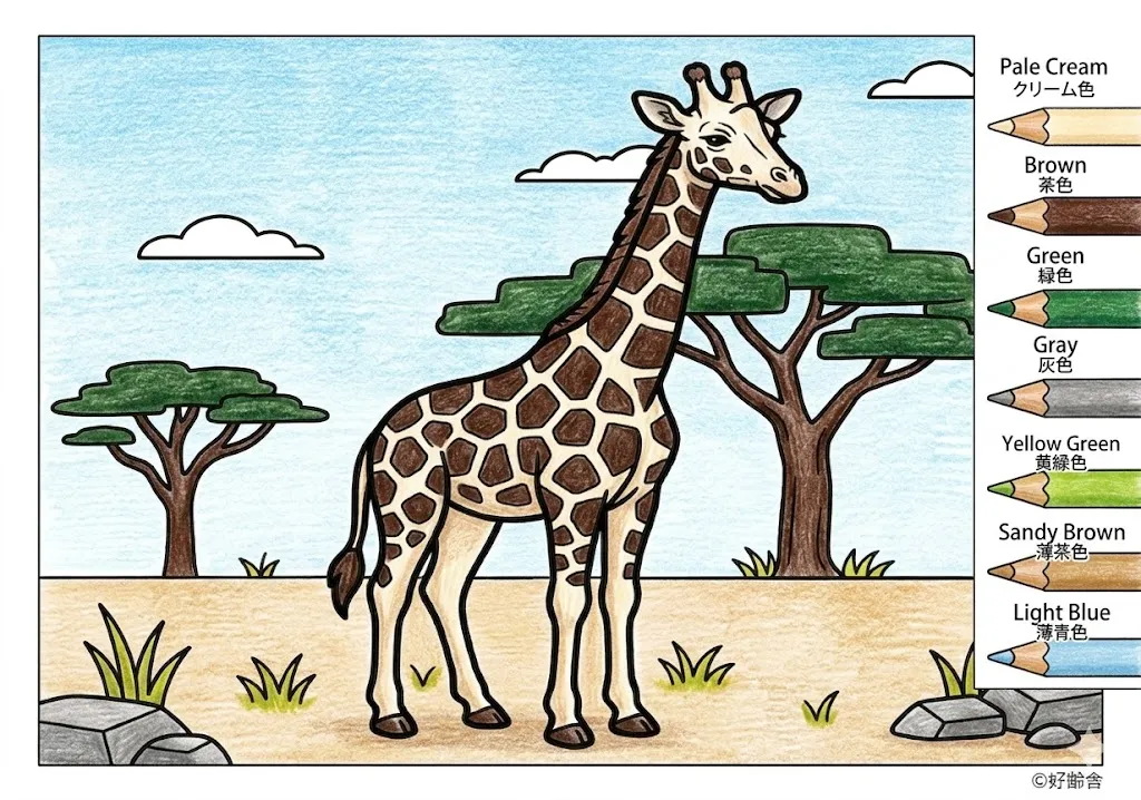 キリンの塗り絵 完成見本（彩色の見本）