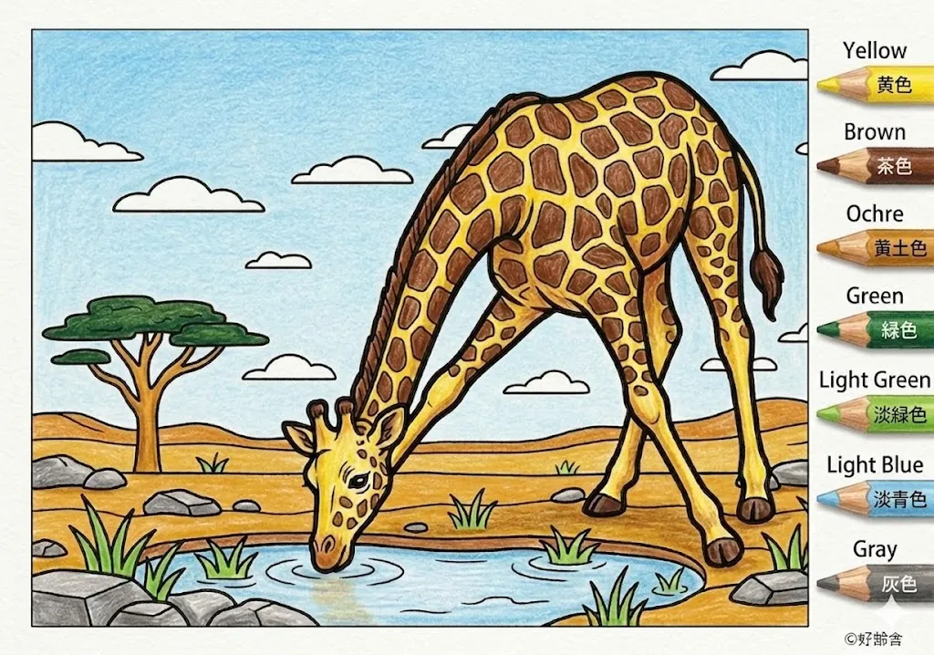 キリンの塗り絵 完成見本（彩色の見本）