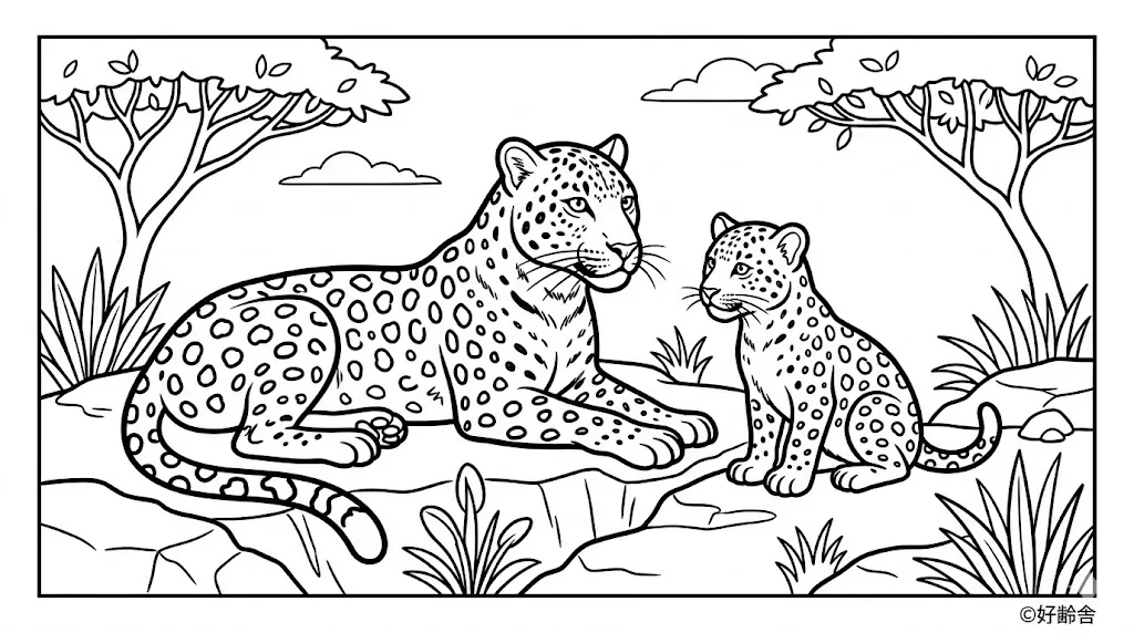 高齢者向け無料塗り絵：しなやかなヒョウ（中級・A4印刷用）