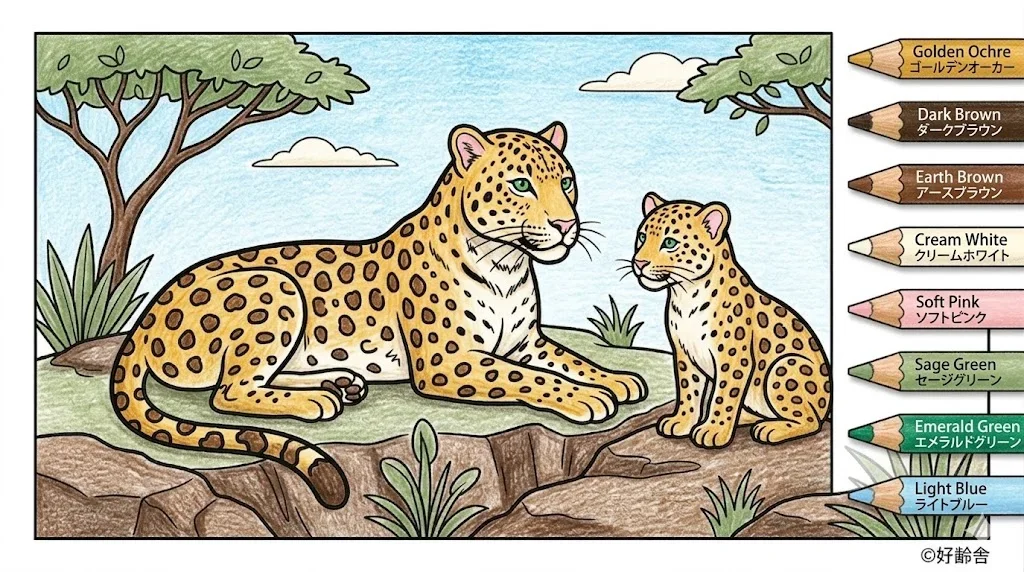 ヒョウの塗り絵 完成見本（彩色の見本）