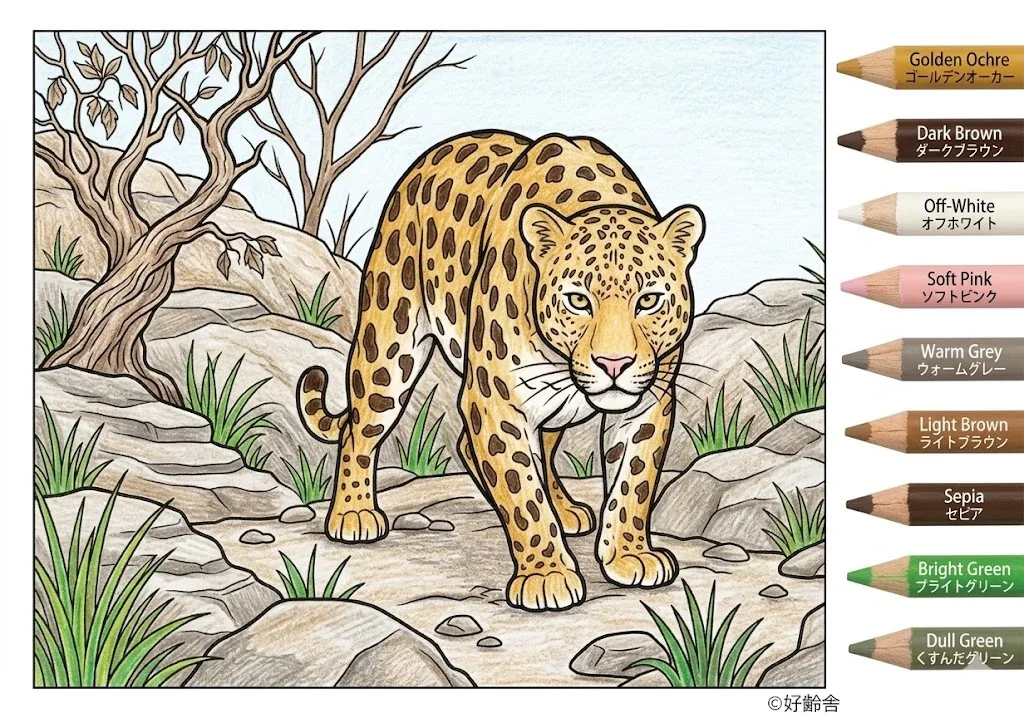 ヒョウの塗り絵 完成見本（彩色の見本）