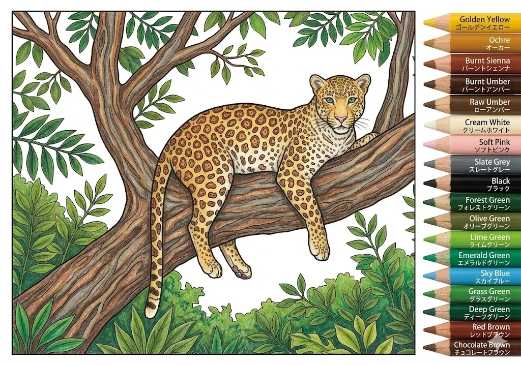 ヒョウの塗り絵 完成見本（彩色の見本）