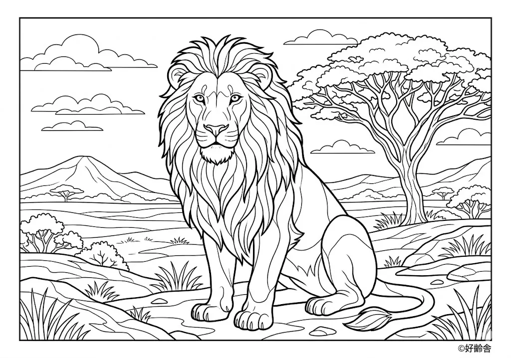 高齢者向け無料塗り絵：強くてかっこいいライオンの姿（上級・A4印刷用）