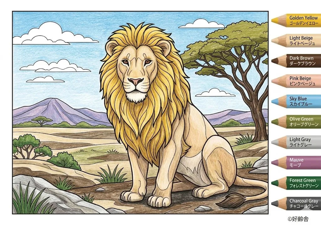 ライオンの塗り絵 完成見本（彩色の見本）