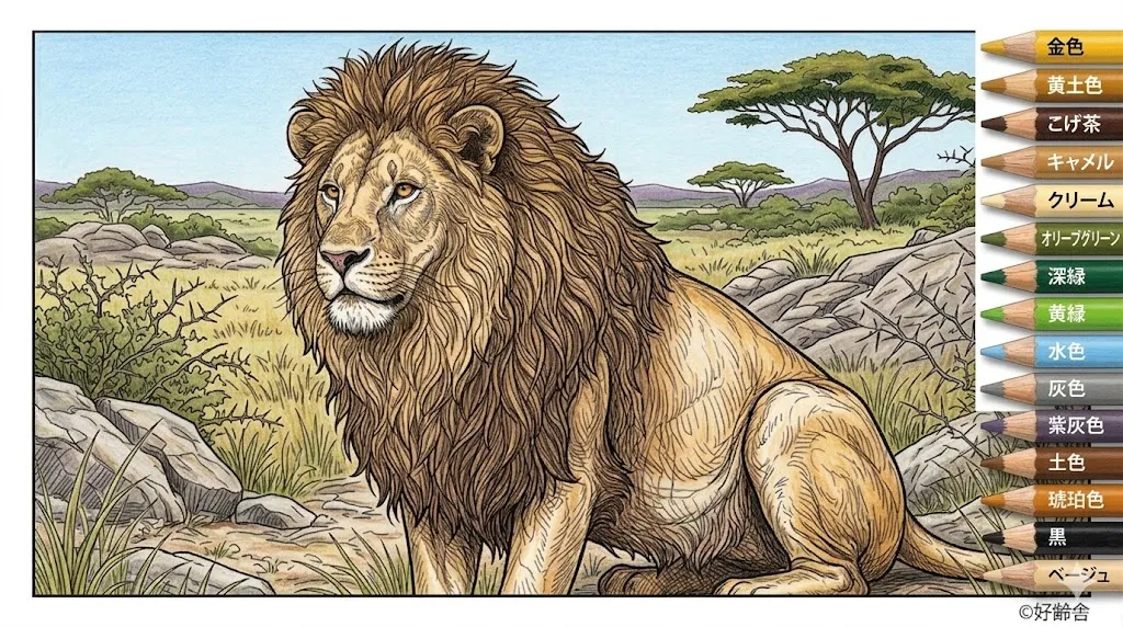 ライオンの塗り絵 完成見本（彩色の見本）