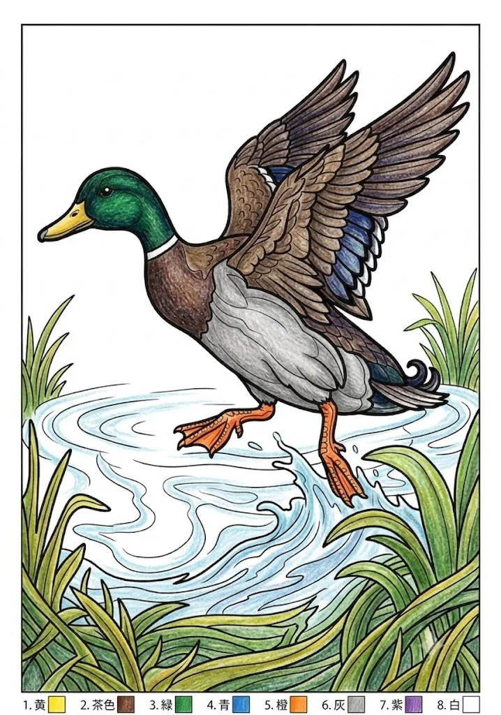 マガモの塗り絵 完成見本（彩色の見本）