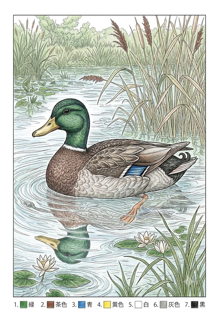 マガモの塗り絵 完成見本（彩色の見本）