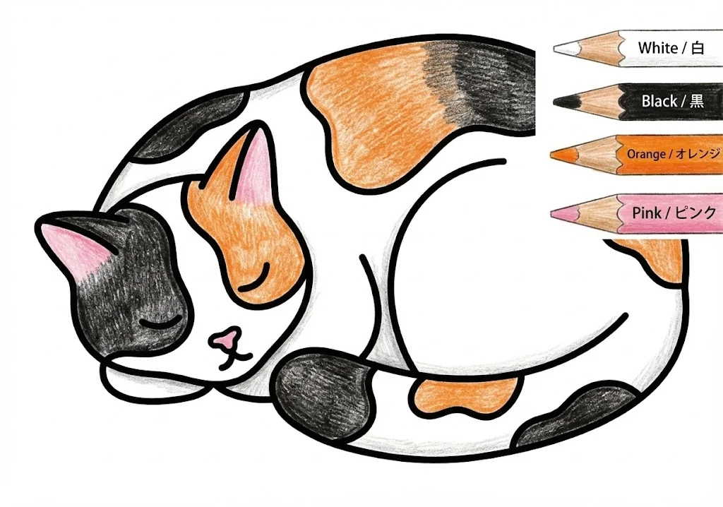 三毛猫の塗り絵 完成見本（彩色の見本）