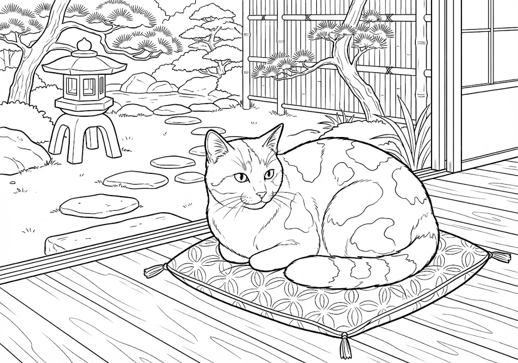 高齢者向け無料塗り絵：座布団の上で眠るネコ（中級・A4印刷用）