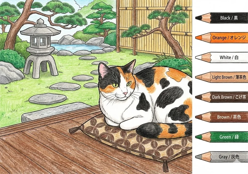 三毛猫の塗り絵 完成見本（彩色の見本）