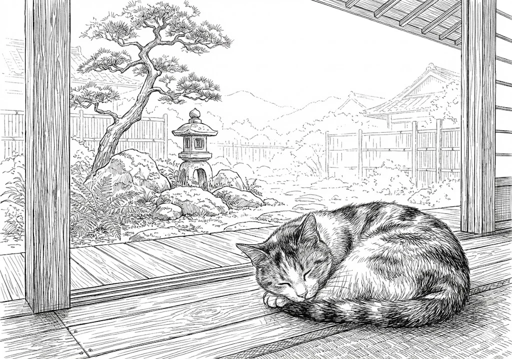 高齢者向け無料塗り絵：リアルに描写された猫（芸術家・A4印刷用）