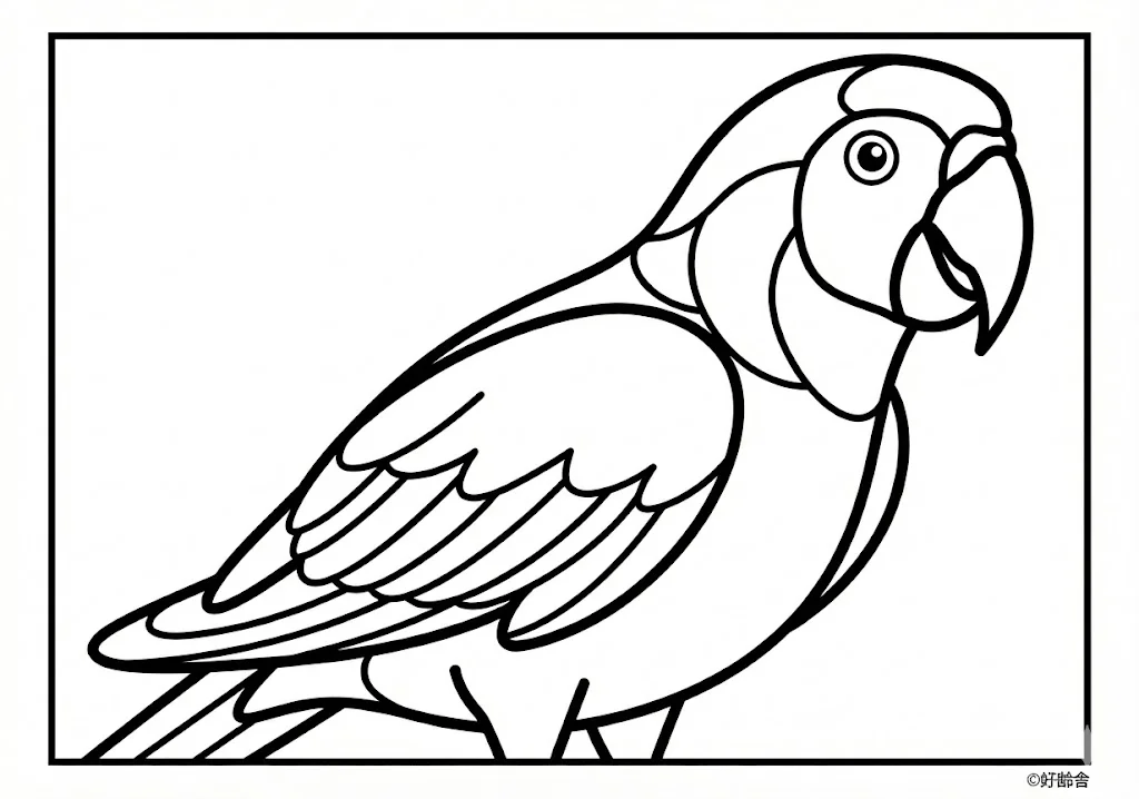高齢者向け無料塗り絵：特徴的なクチバシのオウム（初級・A4印刷用）