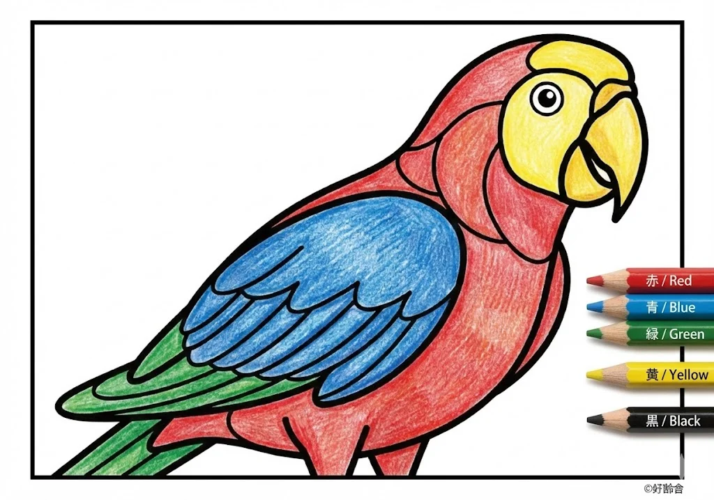 オウムの塗り絵 完成見本（彩色の見本）