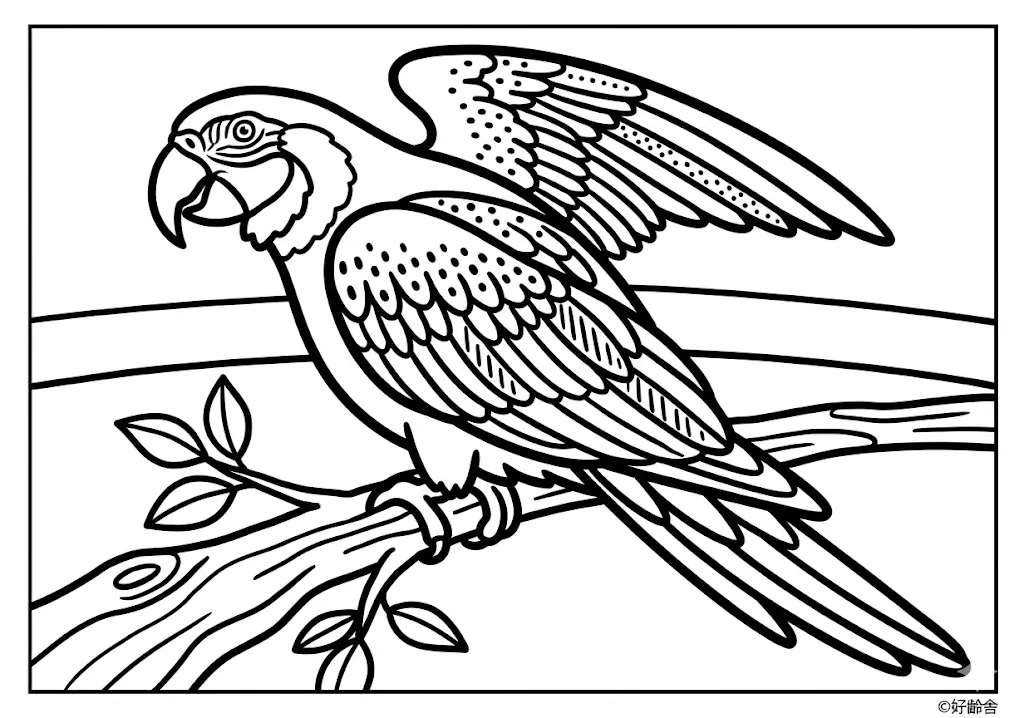 高齢者向け無料塗り絵：南国の木にとまるオウム（中級・A4印刷用）