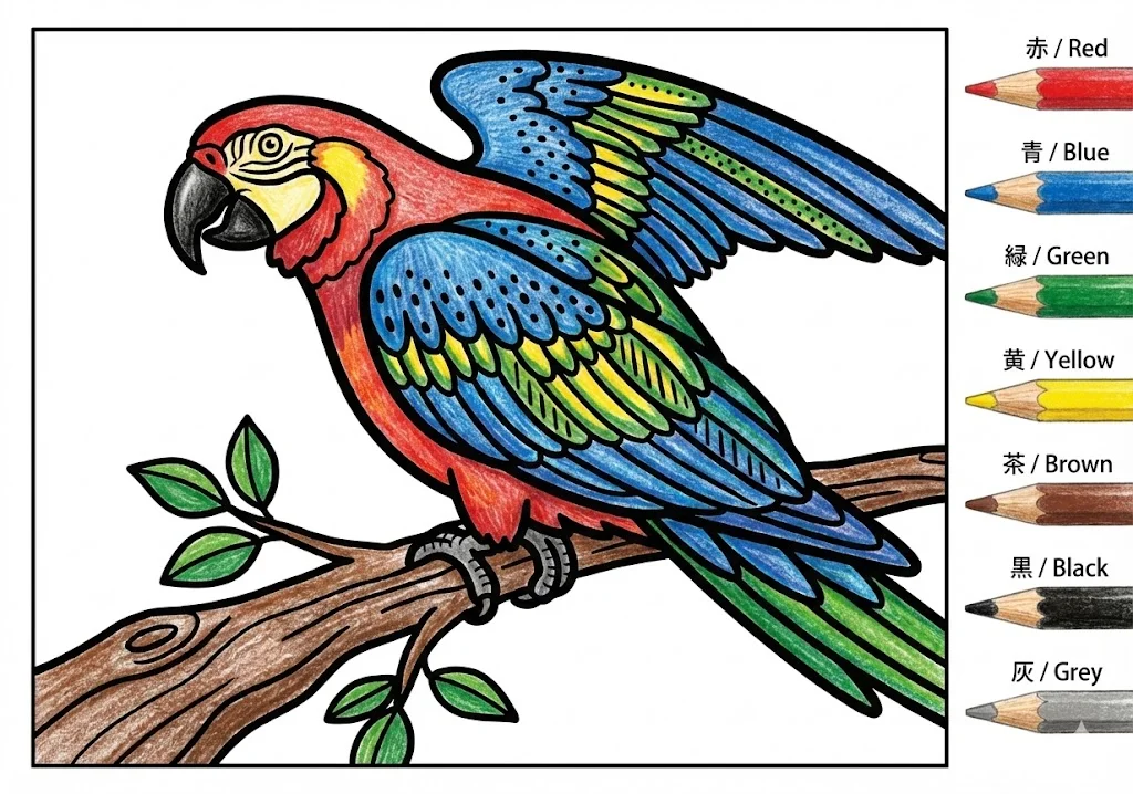 オウムの塗り絵 完成見本（彩色の見本）