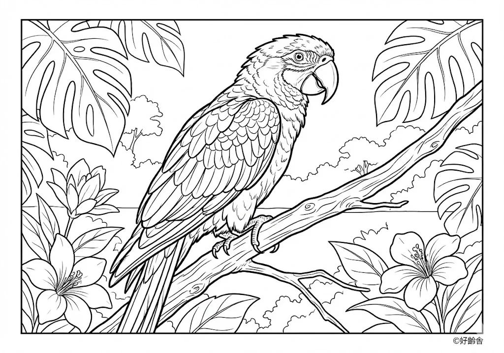 高齢者向け無料塗り絵：ジャングルのオウム（上級・A4印刷用）