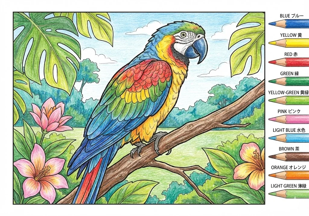 オウムの塗り絵 完成見本（彩色の見本）